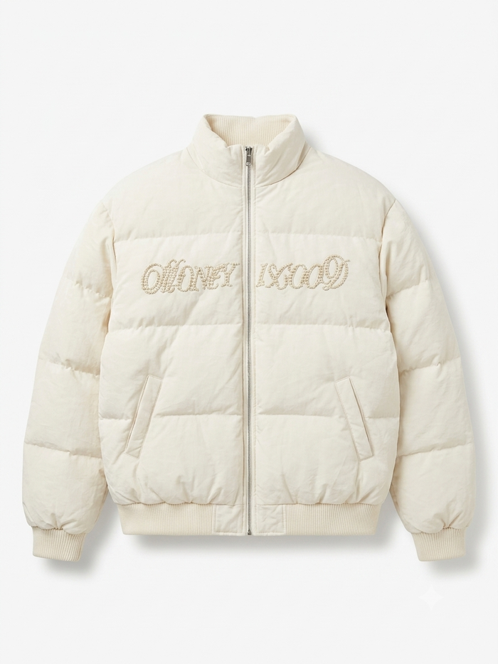 Beaded Puff Jacket in off-white | CRUX