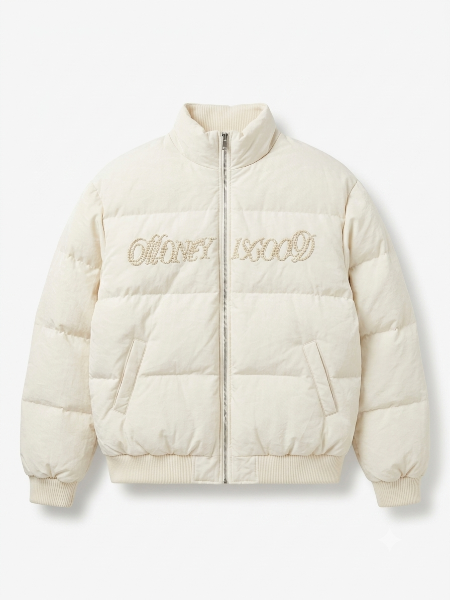 Beaded Puff Jacket in off-white | CRUX