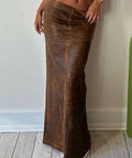 Khaki Leather Long Skirt by 227102