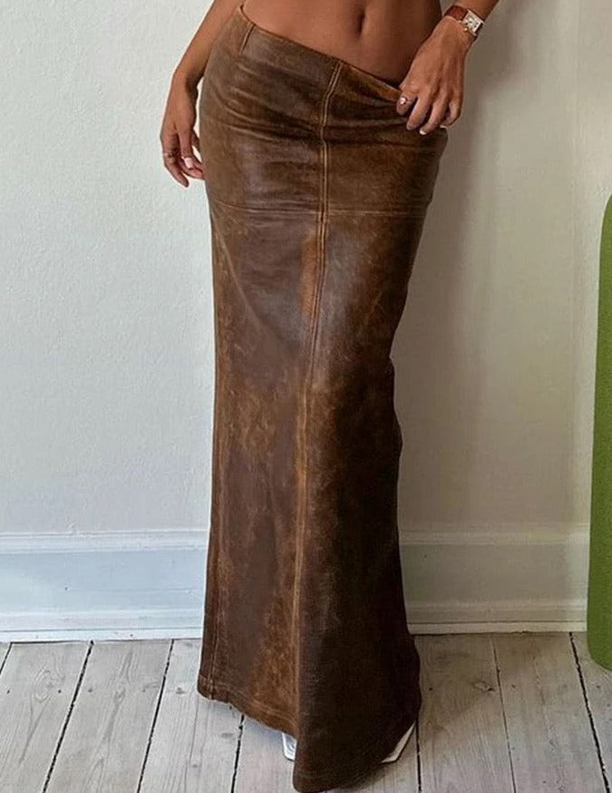 Khaki Leather Long Skirt by 227102