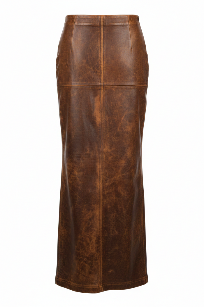 Khaki Leather Long Skirt