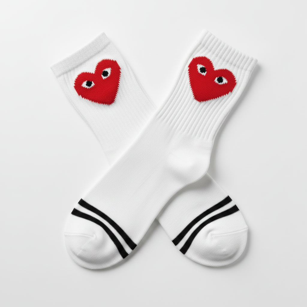 Cute Heart Socks – White with Black Toe Stripes