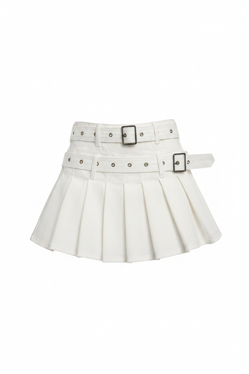 Step Denim Skirt in white with double belt buckle waistband and pleated skirt – studio hero shot on white background