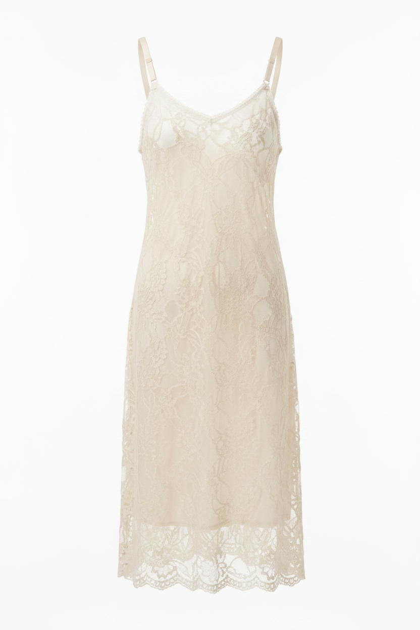 Lace slip dress in light ivory with spaghetti straps, V-neckline, floral lace overlay, and scalloped hem – studio hero shot on white background