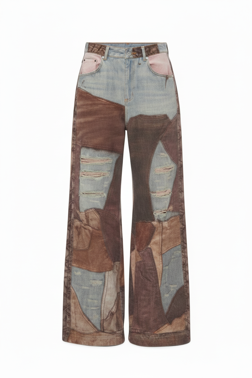 Rinta Denim Pant — studio hero shot, pure white background, patchwork denim, no model