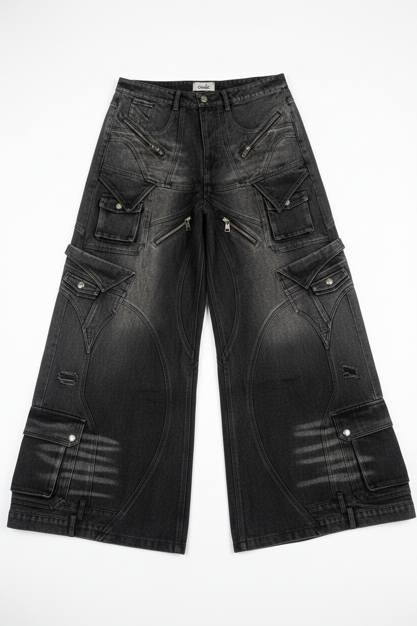 Washed black wide-leg cargo denim jeans on a white studio background
