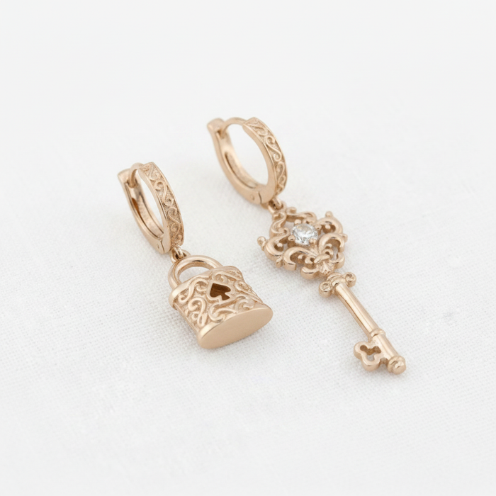 Castle Key Earring - Rose gold mismatched huggie hoop earrings hero shot