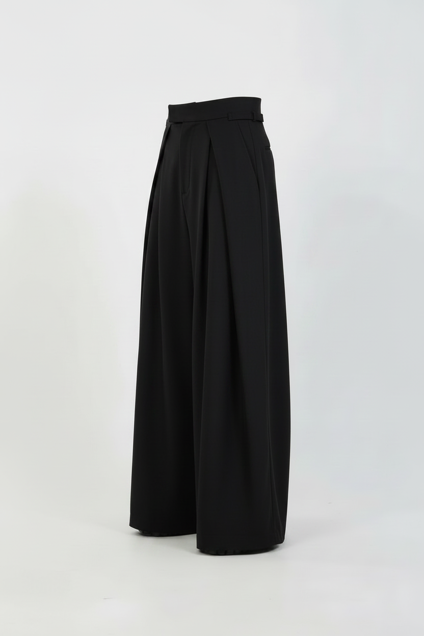Buck Plain Pants ultra wide-leg pleated trousers in black, ghost mannequin, pure white studio background