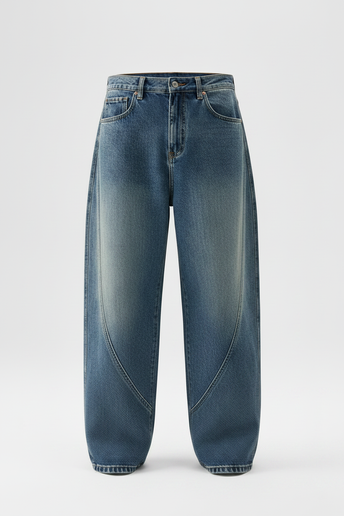 Flat lay of Shaft Line Jean on white background