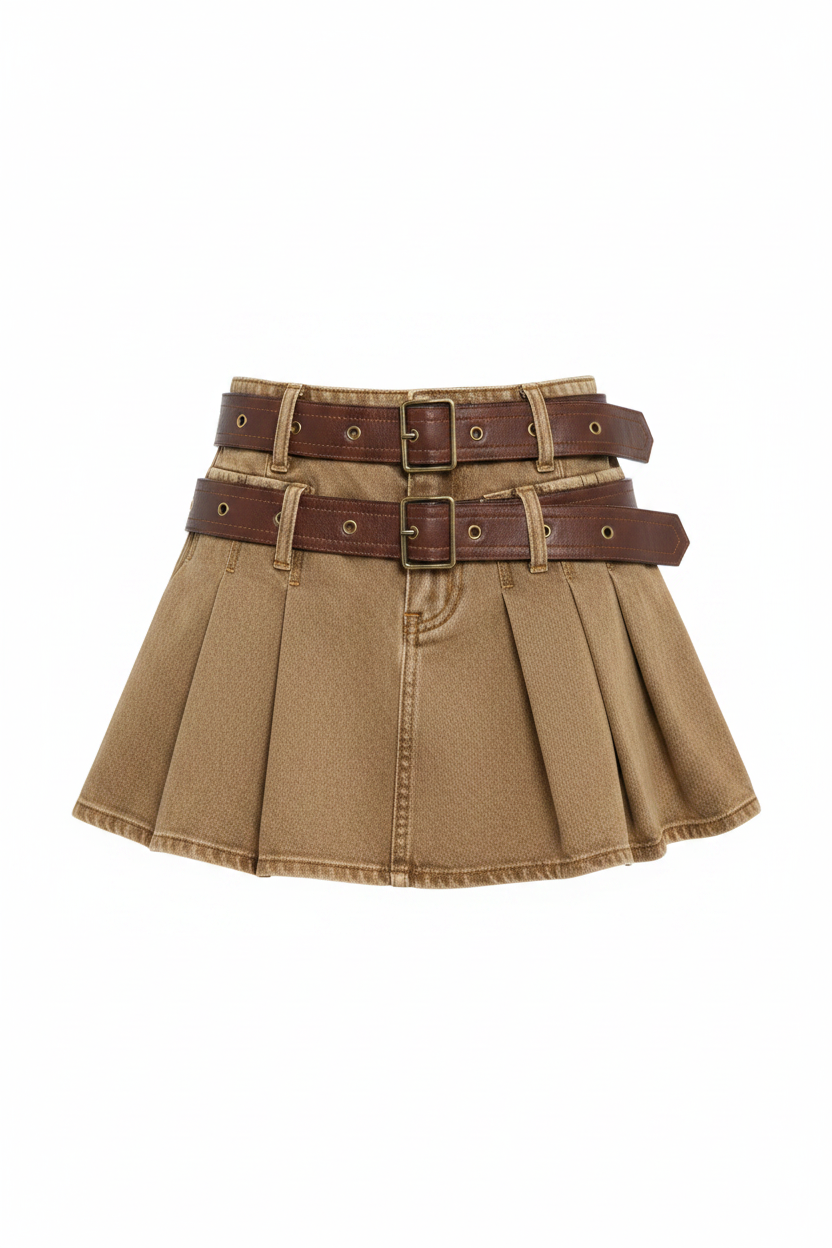 Step Denim Skirt in khaki tan with double belt buckle waistband and pleated skirt – studio hero shot on white background