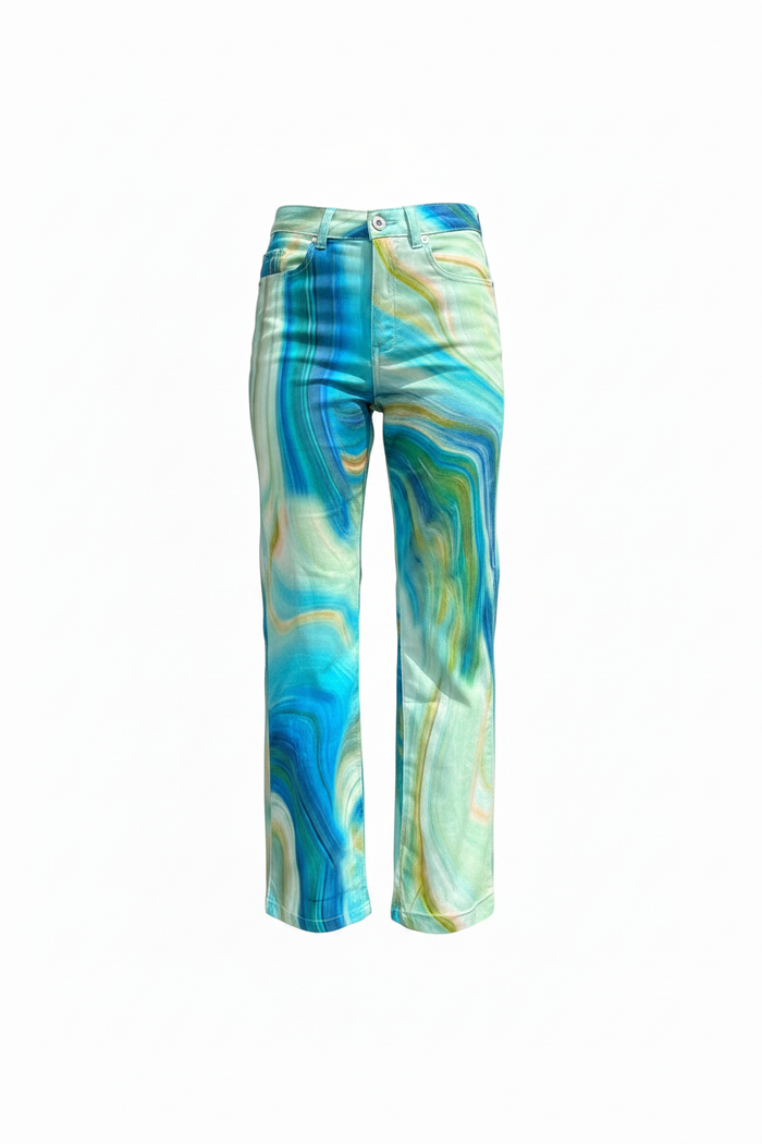 PAISLEY GREEN PANTS loose wide-leg studio hero shot on white background