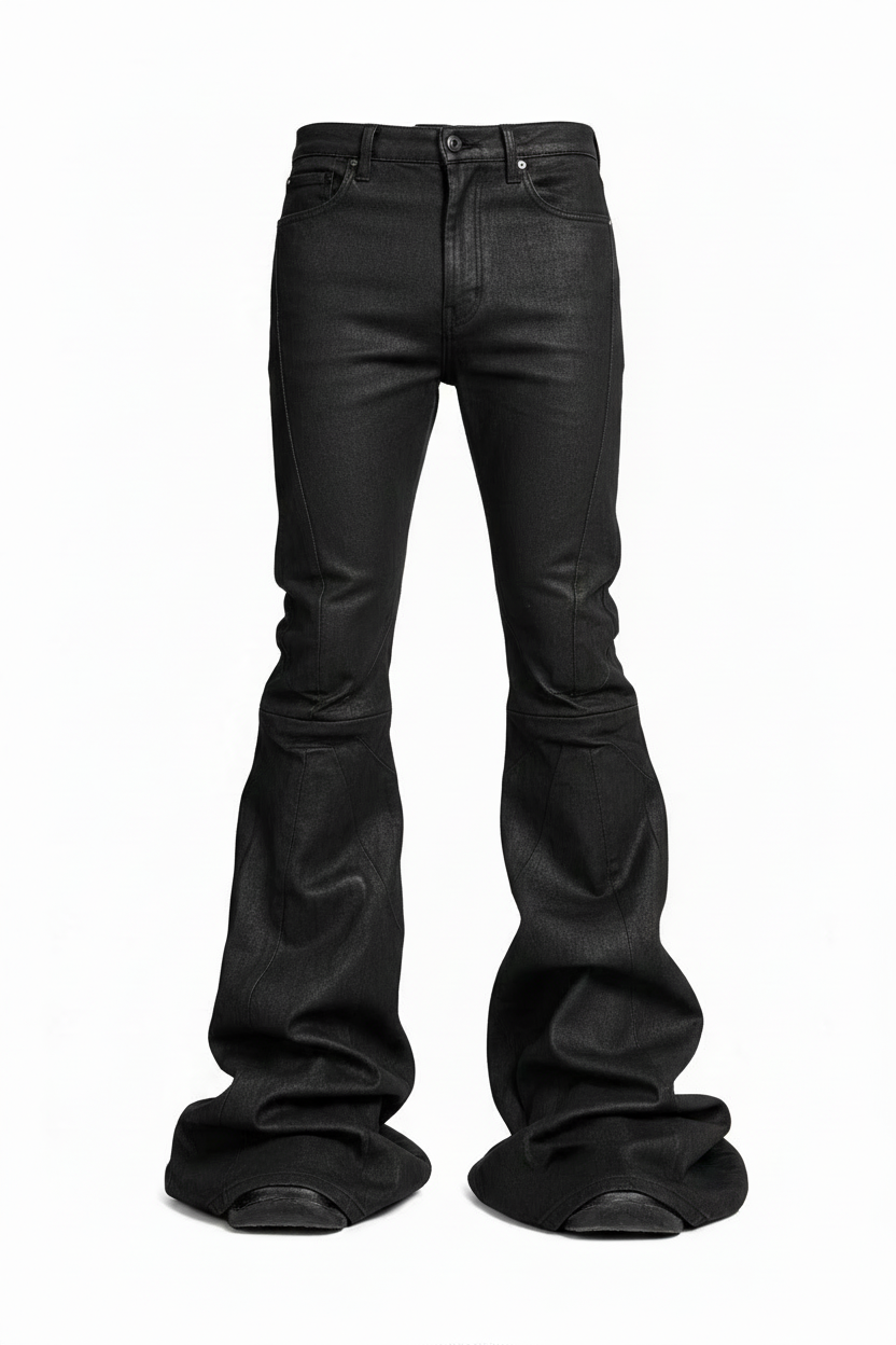 Waxon Jeans front view, black waxed flared denim on white studio background, no shoes